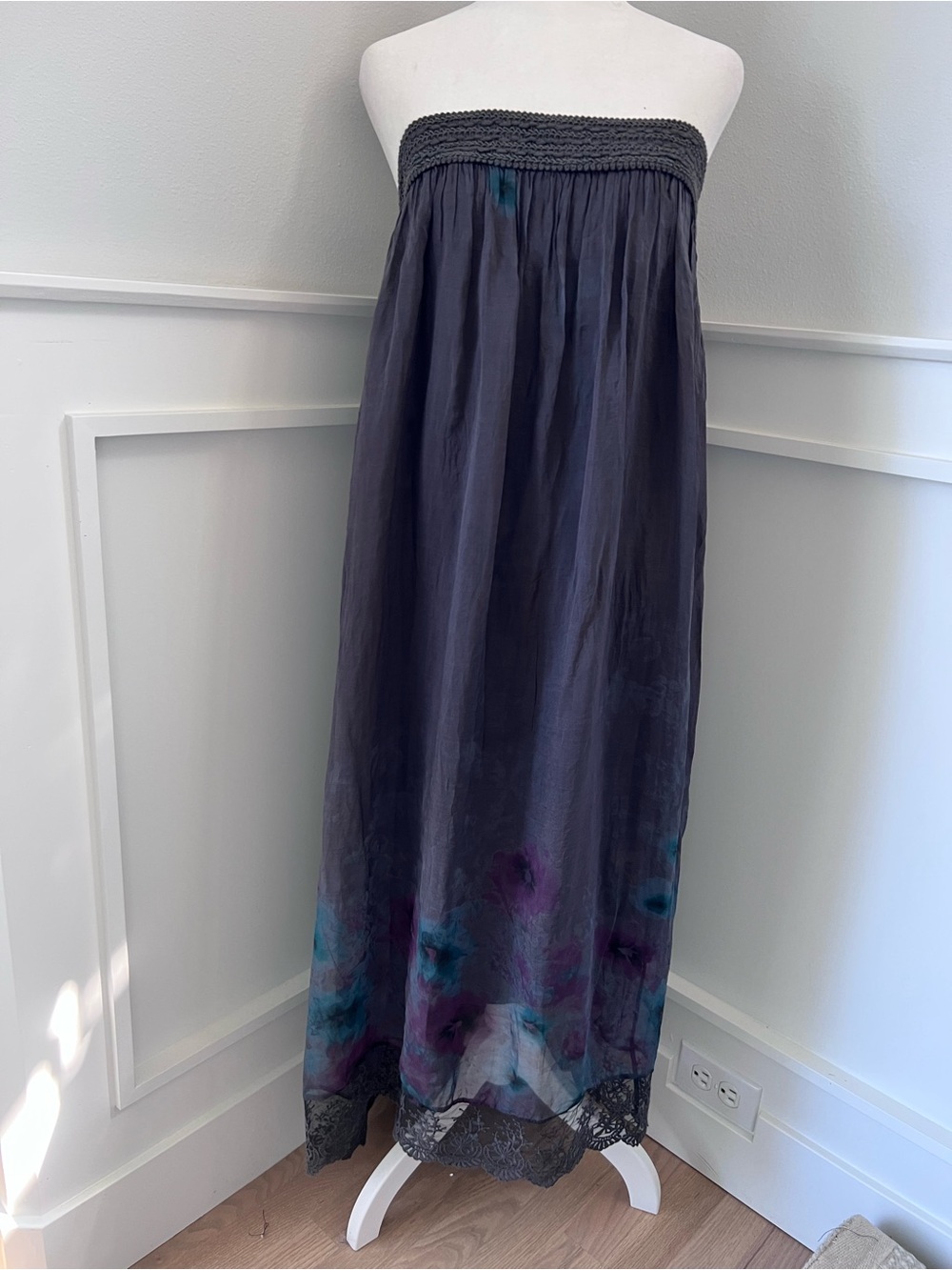 Nicole Strapless Smocked Maxi Dress in Dark Gray with Teal & Purple Accents 100%